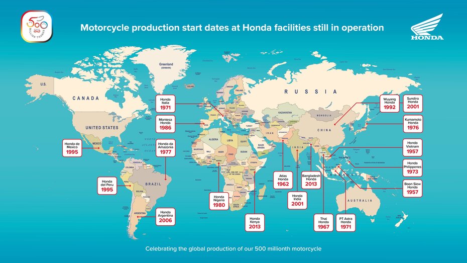 Weltkarte, auf der die Motorrad-Produktionsstandorte Hondas vermerkt sind