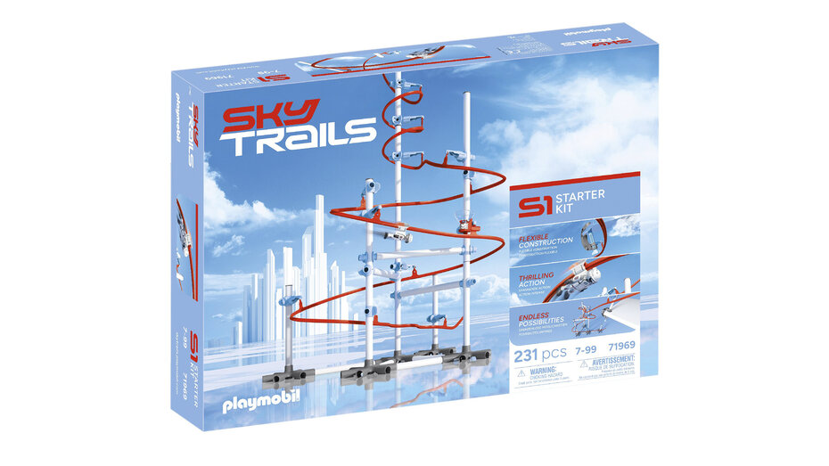 Verpackung von Sky Trails Starter Kit von Playmobil. Es ist eine Art Rennspiel, das in Bahnen vertikal aufgebaut ist.