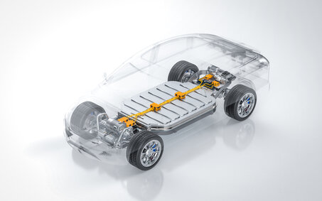 3D-Rendering einer E-Auto-Batterie in einem durchsichtigen Auto