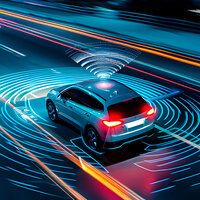 Grafik eines vernetzten Autos, das Funkwellen aussendet