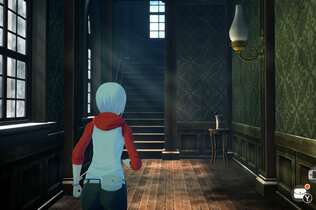 Videospielfigur Ashley, ein Mädchen mit kurzen, weißen Haaren, einer schwarzen Hose und einem weiß-roten Pull geht durch alte verwahrloste Villa.