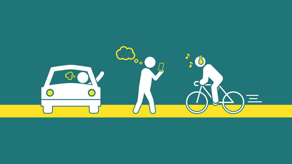 Gezeichnetes Bild. Hintergrund dunkelgrün. Ein Auto und zwei Maxerl sind zu sehen. Eines steht und ist grantig, das andere ist am Rad.