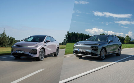 Eine Collage aus zwei Bildern, auf denen jeweils ein Auto auf einer Landstraße fährt