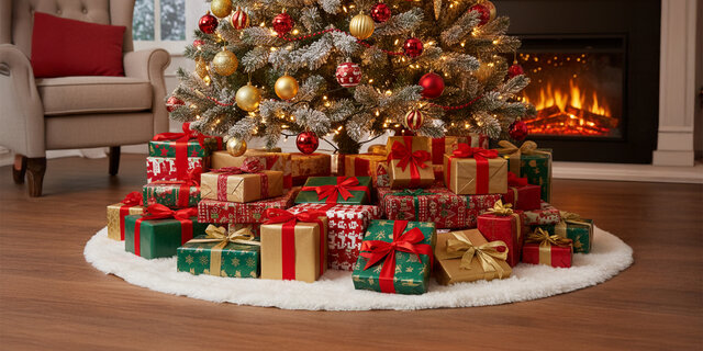 Ein geschmückter Weihnachtsbaum mit vielen Geschenken davor und im Hintergrund ein brennendes Kaminfeuer.