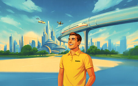 Illustration einer Person mit gelbem ÖAMTC-Poloshirt, die vor einer futuristischen Stadt steht.