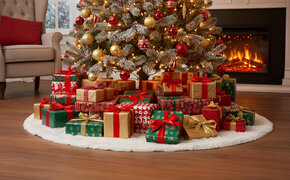 Ein geschmückter Weihnachtsbaum mit vielen Geschenken davor und im Hintergrund ein brennendes Kaminfeuer.