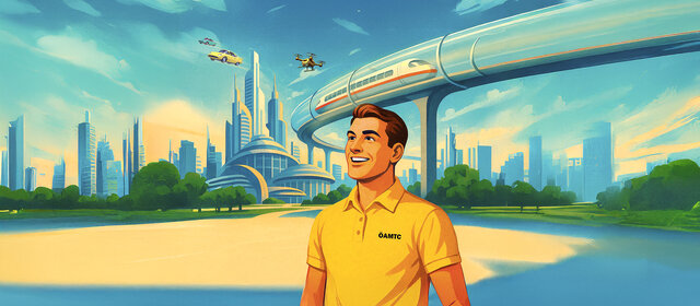 Illustration einer Person mit gelbem ÖAMTC-Poloshirt, die vor einer futuristischen Stadt steht.