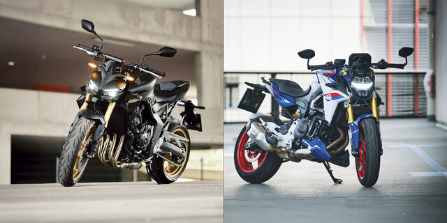 Eine Montage aus zwei Bildern von Motorrädern