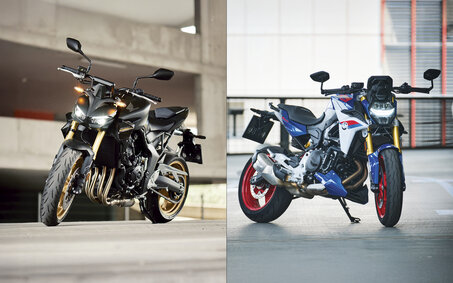 Eine Montage aus zwei Bildern von Motorrädern