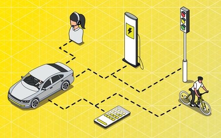 Illustration eines Autos, das mit verschiedenen Geräten und Stellen verbunden ist