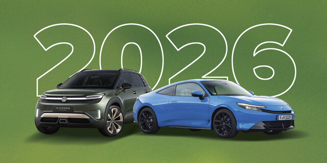 Ein dunkelgrünes und ein blaues Auto vor grünem Grund