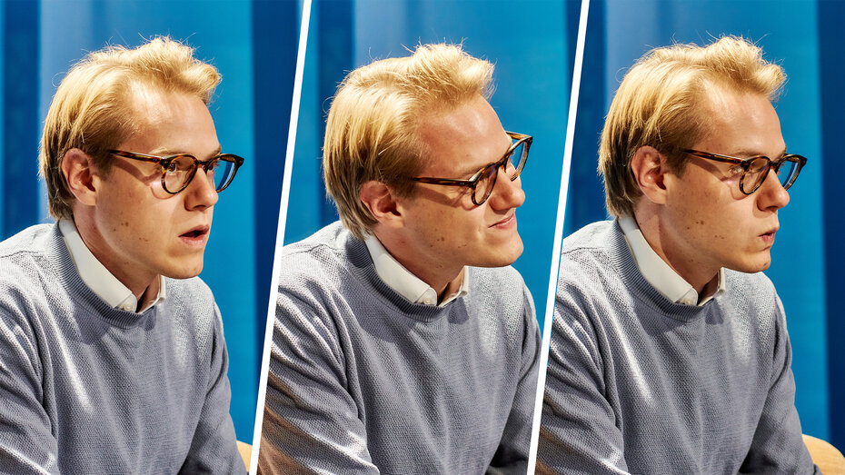 Redakteur Maximilian Barcelli sitzt mit Controller vor Bildschirm, er spielt ein Spiel. Bild ist dreigeteilt, drei unterschiedliche Gesichtsausdrücke.