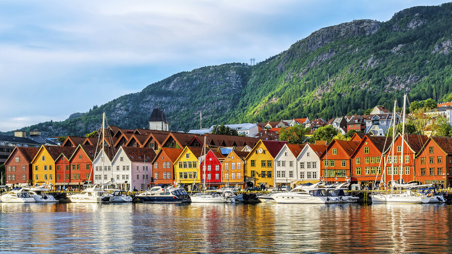 Bergen, Norway. View of historical buildings in Bryggen- Hanseatic wharf in Bergen, Norway. UNESCO World Heritage Site