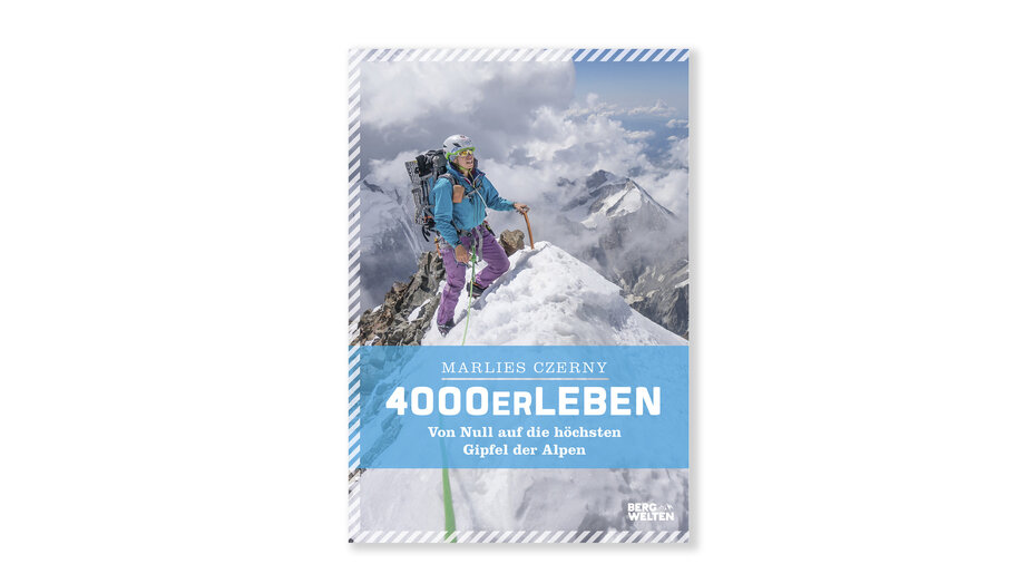 Buchcover von Marlies Czerny: "4000erLeben" mit Frau, die auf einen Berg klettert.
