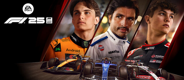 Titelbild F1 25, man sieht die Fahrer Oscar Piastri, Carlos Sainz und Oliver Bearman.
