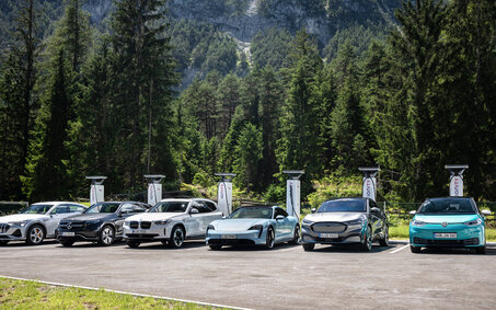 Sechs Elektroautos laden an sechs Schnellladern auf einem Parkplatz mit Bäumen im Hintergrund.
