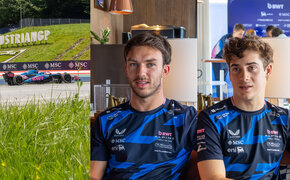 Montage aus drei Bildern mit einem Formel-1-Auto und den zwei Formel-1-Fahrern Pierre Gasly und Franco Colapinto. 