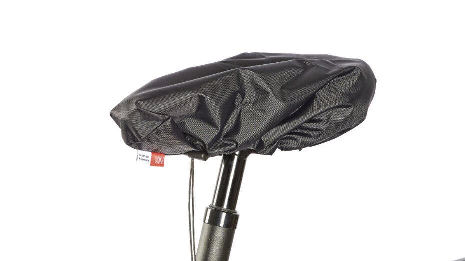Produktbild von einem Regenschutzüberzug auf einem Fahrradsattel.
