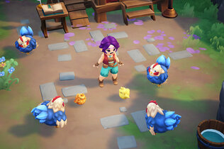 Videospielfigur umringt von Farmtieren.