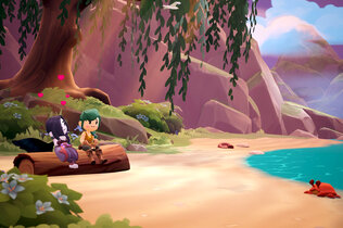 Videospielfiguren sitzen verliebt am Strand.