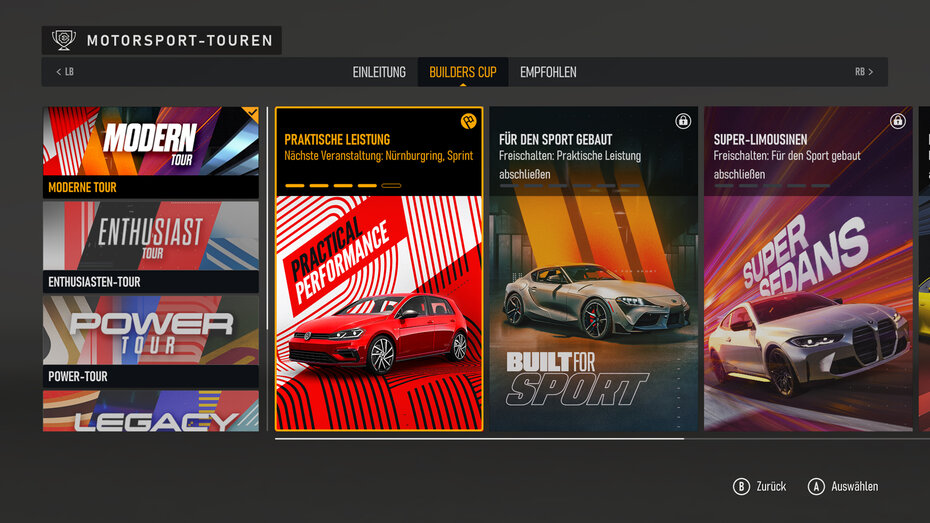 Screenshot aus Forza Motorsport. Das Menü mit den unterschiedlichen Spielmodi.