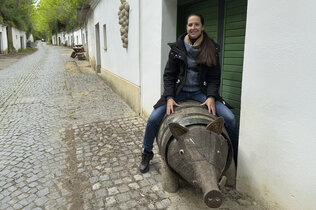 Redakteurin Conny sitzt auf einem Holzschwein in der Kellergasse.