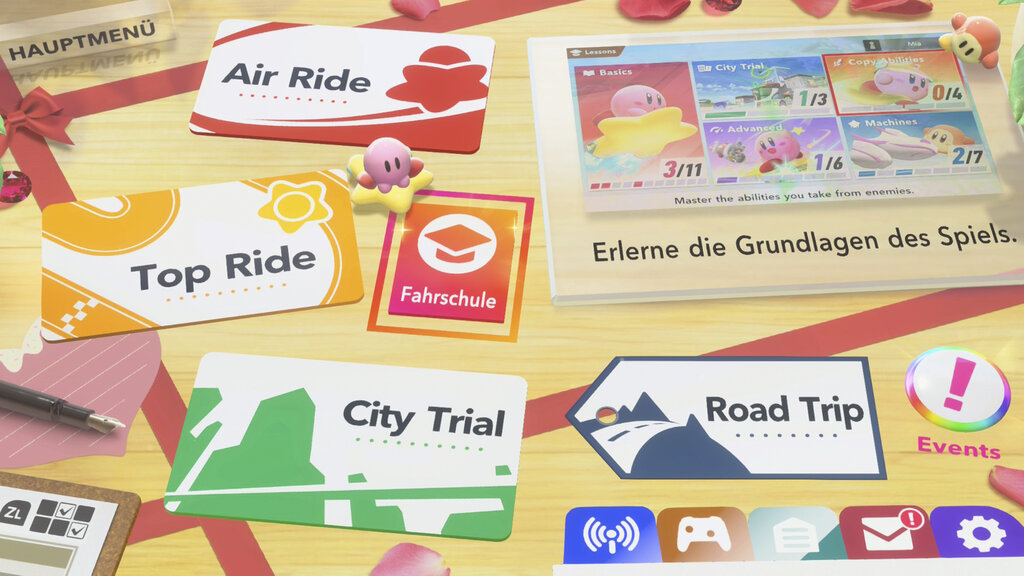 Screenshot aus Kirby Air Riders. Man sieht die drei Spielmodi Air Ride, Top Ride, City Trial und Road Trip.