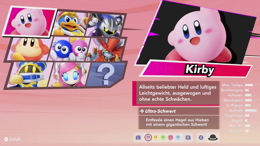 Screenshot aus Kirby Air Riders. Man sieht die Avatar-Auswahl.