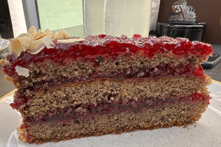 Ein Stück Schwarzplententorte aus Buchweitzen-Teig.