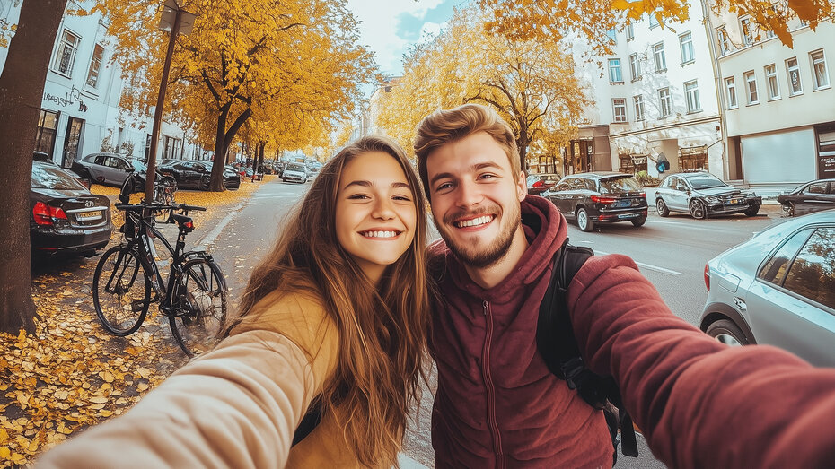 Ein Mädchen und ein Bursche machen ein Selfie in der Stadt und lachen in die Kamera
