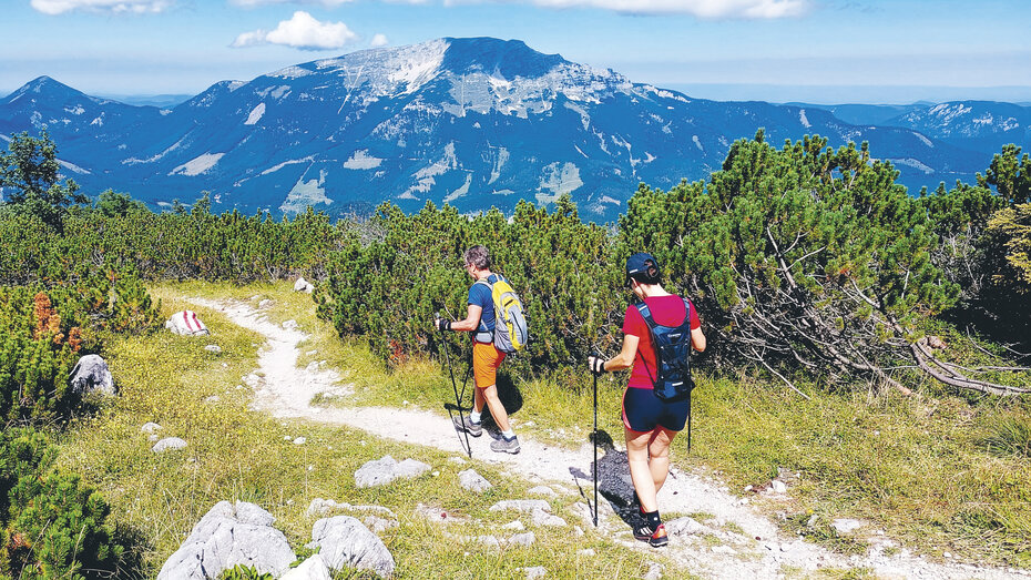 Karin U. beim Wandern. Man sieht sie von hinten auf dem Weg, sie hat Wanderstöcke in der Hand.