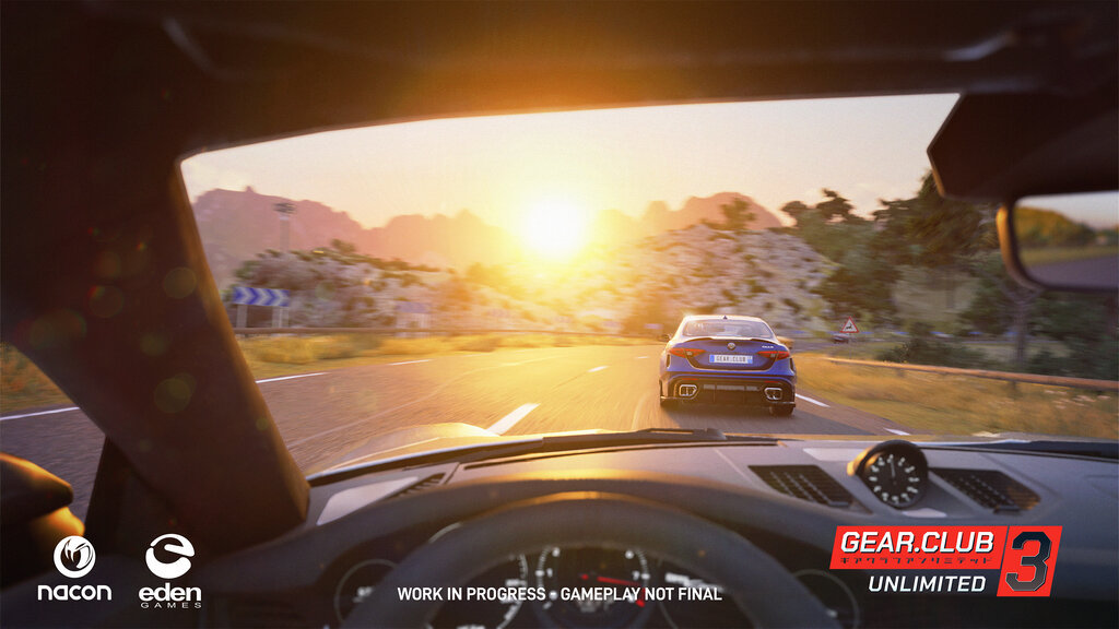 Screenshot aus Gear Club 3. Man sieht einen Sonnenuntergang.