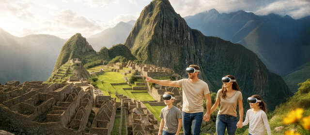 Visual der immersiven Ausstellung von Machu Piccu. Eine Familie mit VR-Brille im Hintergrund die Bergwelt bei Machu Piccu.