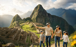 Visual der immersiven Ausstellung von Machu Piccu. Eine Familie mit VR-Brille im Hintergrund die Bergwelt bei Machu Piccu.
