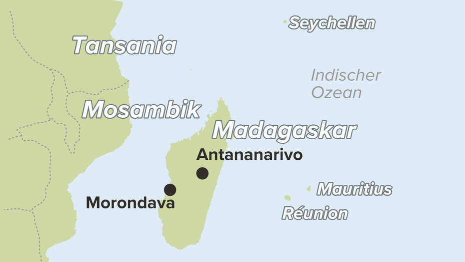 Karte Madagaskar mit den umliegenden Inseln eingezeichnet und der Süd-Ostküste Afrikas.