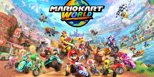 Titelbild von Mario Kart World. Man sieht den Schriftzug und unterschiedliche Fahrer.