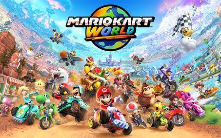 Titelbild von Mario Kart World. Man sieht den Schriftzug und unterschiedliche Fahrer.