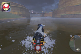 Screenshot aus Mario Kart World. Die Kuh raced über die Map Wildtierpark, die optisch wie eine Safari aussieht.