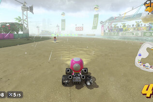 Screenshot aus Mario Kart World. Toadette ist im Rennen, es regnet.
