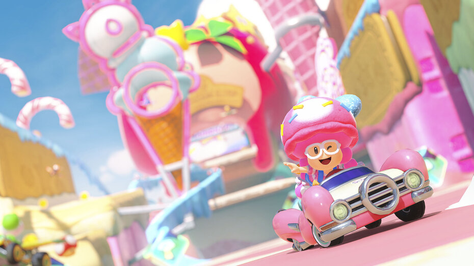 Screenshot aus Mario Kart World. Man sieht Toadette in einem ihrer neuen Outfits.