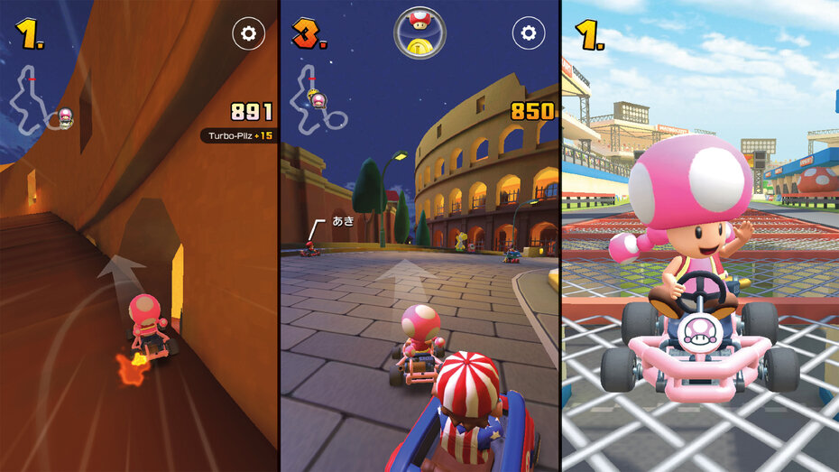 Drei aneinandergereihte Bilder von Videospiel Mario Kart Tour. Szenario mitten im Rennen.