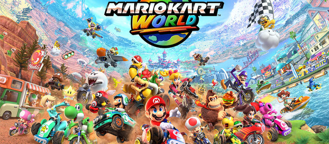 Titelbild von Mario Kart World. Man sieht den Schriftzug und unterschiedliche Fahrer.