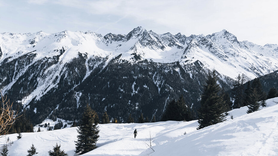 schneebedeckte Berge und Wege. ein Wanderer ist unterwegs.