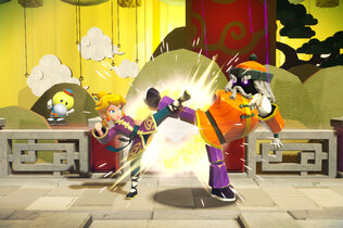 Videospielfigur Princess Peach kämpft gegen größeren Feind, beide sind in asiatischer Kampfkleidung.