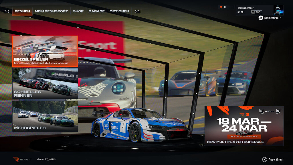 Screenshot von Rennsport, man sieht die Spielmodi.