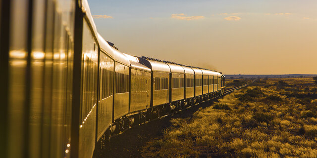 Ein langer Zug fährt im warmen Abendlicht durch die Savanne.