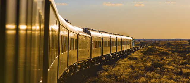 Ein langer Zug fährt im warmen Abendlicht durch die Savanne.