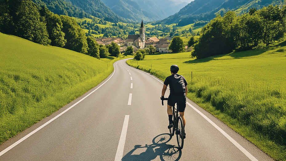 Ein Fahrrad fährt auf einer idyllischen Landstraße.