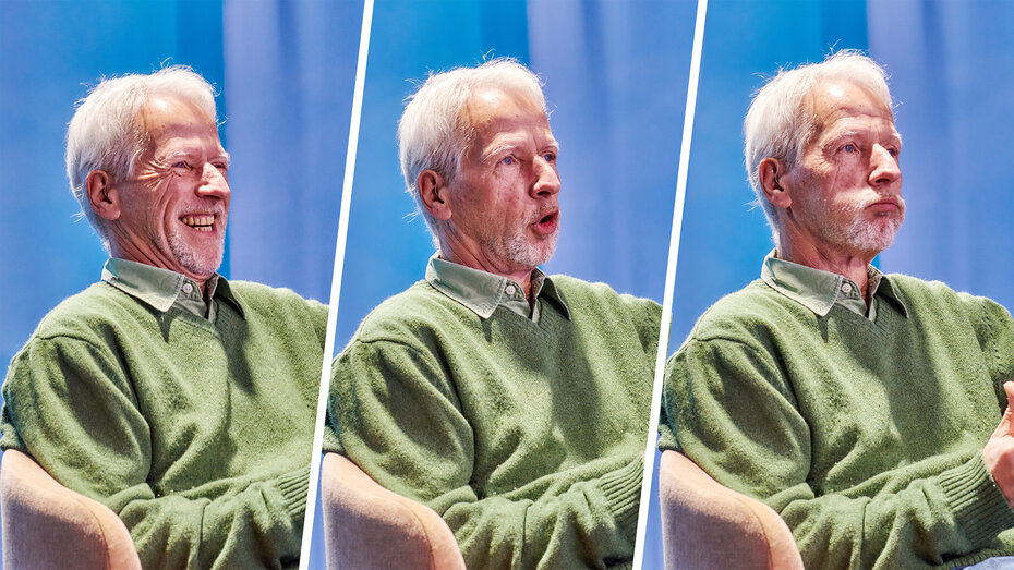 Redakteur Günter Rauecker. Dreigeteiltes Bild mit drei unterschiedlichen Gesichtsausdrücken des Redakteurs.