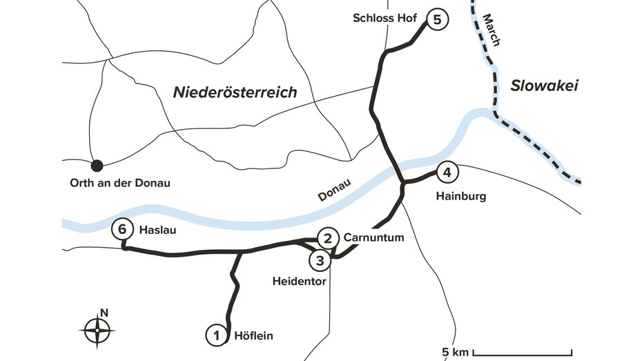 Karte der Route von Höflein nach Haslau.